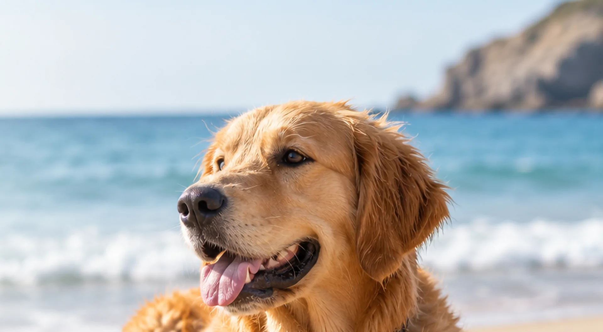 Actualização: Posso levar o meu cão à praia? 3 Cão junto ao mar numa praia, com ondas e uma costa rochosa desfocada ao fundo.
