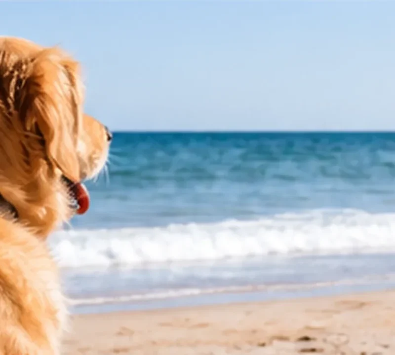 Cão sentado na areia de uma praia, de frente para o mar, num cenário costeiro luminoso.